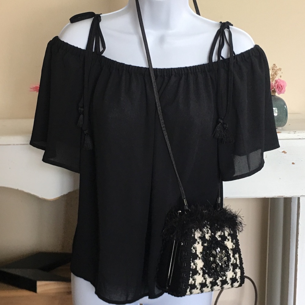 J. CREW Black Tie Cold Shoulder Boho Top Size 8 - Picture 6 of 8